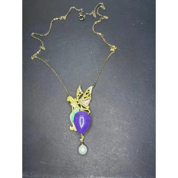 Fairy mermaid jadeite abalone and pearl pendant and chain in gold over sterling - Picture 5 of 11